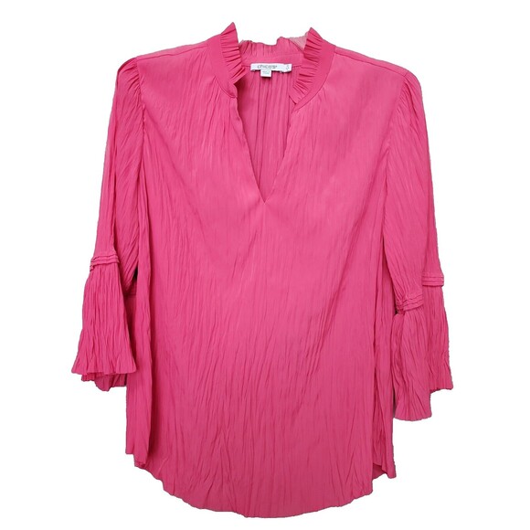 Chico's Pink Crinkle Texture Pleated Ruffle Neck Tiered Flare Sleeve Blouse Sz S - Picture 1 of 7